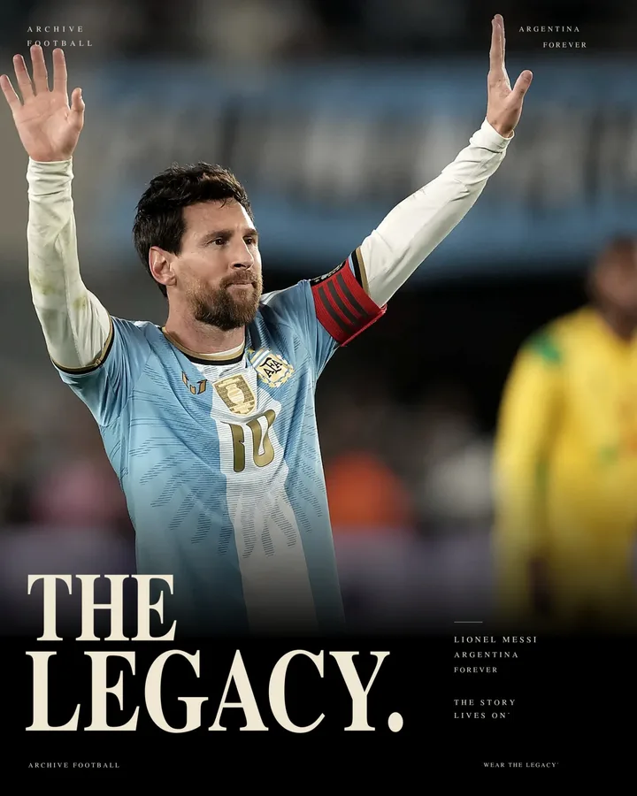 The Legacy: Messi raising his arms in the Argentina shirt
